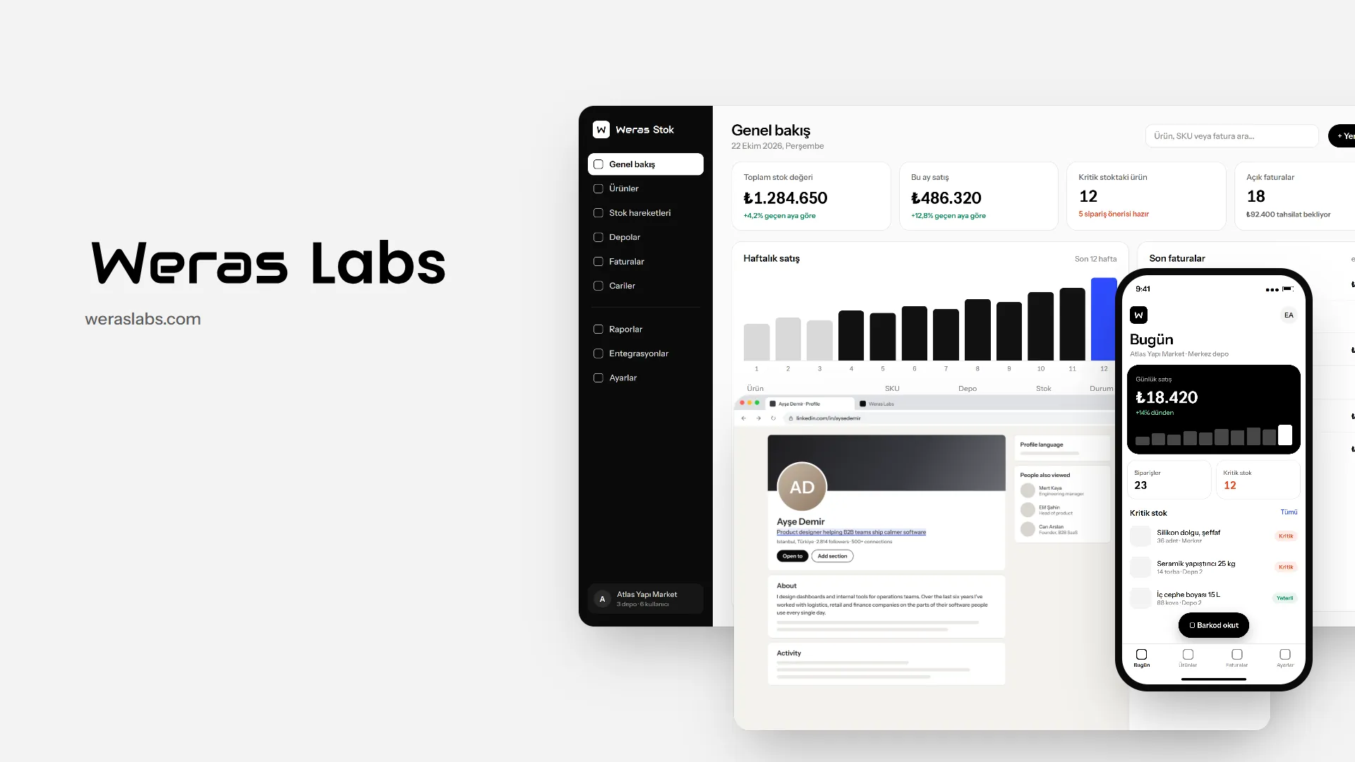 Weras Labs logosu ile stok paneli, HookSlayer eklentisi ve mobil uygulama ekranları